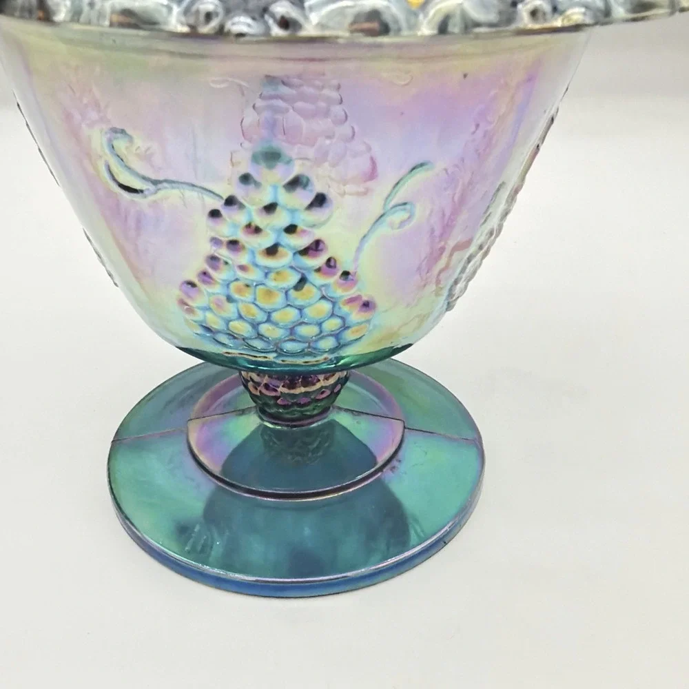 Vtg Indiana Harvest Grape Carnival Glass Covered Candy Dish Laced Pedestal Mint